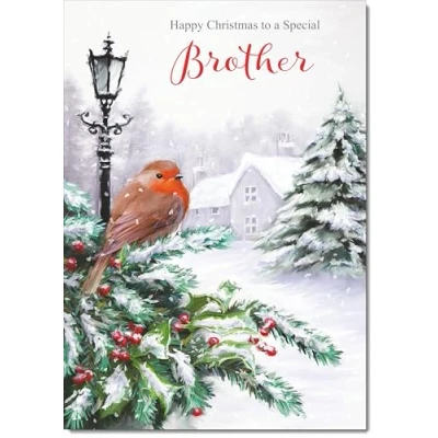 Image of doodlecards Brother Christmas Card Robin by Lamp Large A4 Size for with Plain Envelope