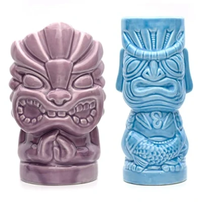 Image of CKB LTD Tiki Ceramic Beakers Set of 2 Coloured Glasses Mugs Large Tall Tumblers Cocktail Ideal for Hawaiian Luau Party Decorative Cups Drinkware (Blue and Purple)