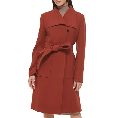 Image of Cole Haan Women&#039;s Belted Coat Wool with Cuff Details, Rust, 14