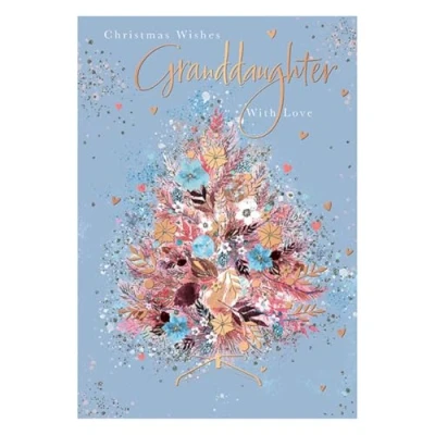 Image of Granddaughter Christmas Card Foliage Tree and Love Hearts Artistic Festive Design Special Finishes Made in the UK Eco Friendly