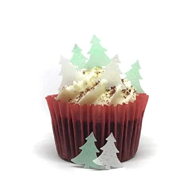 Image of 100 Precut White &amp; Green Edible Wafer Paper Mini Christmas Tree Cake Toppers 50 of Each Colour Perfect for Cupcakes or Table Decorations