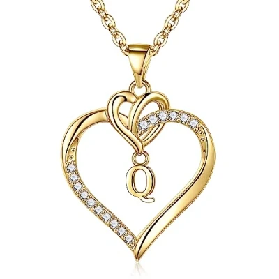 Image of TINGN Heart Initial Necklaces for Women Girls, Cubic Zirconia Q Pendant Necklace 14K Gold Plated Dainty Teen Girls Jewelry Gifts Wife Girlfriend