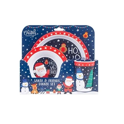 Image of RSW INTERNATIONAL Christmas 3 Piece Melamine Feeding Set Cup Bowl Plate Santa and Friends