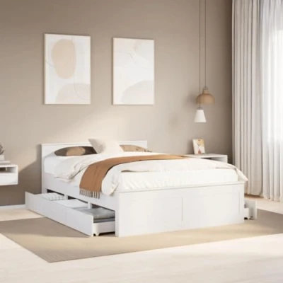 Image of vidaXL Solid Pine Wood Double Bed Frame White, 160x200 cm, With Slatted Base and Storage Drawers, Suitable for Bedroom