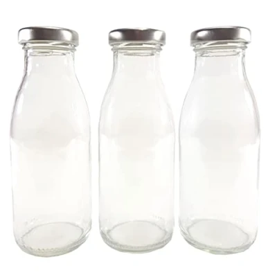 Image of Britten &amp; James 250ml Retro Glass Milk Bottles with Silver Lids (Pack of 3). Cute and Practical for Homemade Yoghurts, Decoration Weddings