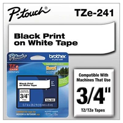 Image of Brother Genuine P Touch TZE 241 Tape, 3/4&quot; (0.70&quot;) Standard Laminated Black on White, Perfect for Indoor or Outdoor Use, Water Resistant, 26.2 Feet (8M), Single Pack