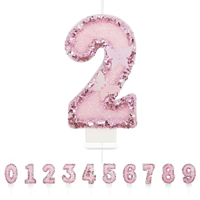 Image of Number 2 Candle,Pink Butterfly Birthday Candles for Girl,Cake Topper Decoration Girls Party