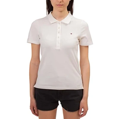 Image of Tommy Hilfiger Women 1985 Slim Piqué Short Sleeve Polo Shirt Fit, White (Ecru), L