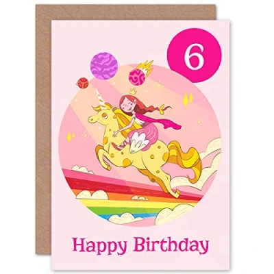 Image of Wee Blue Coo Unicorn Princess Rainbow 6th Birthday Greeting Card With Envelope Blank Inside Premium Quality