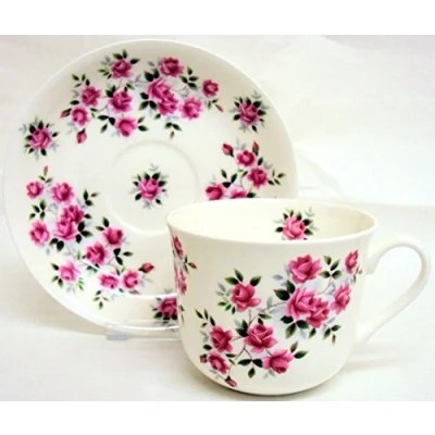 Image of Rosalie Breakfast Cup &amp; Saucer Fine Bone China Large Pink Roses Hand Decorated in The U.K. Free UK Delivery