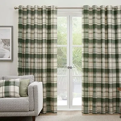 Image of Fusion Green Tartan Curtains W66 x L54 (168 137cm) 100% Cotton 2x Panels Olive Checkered Eyelet in Plaid Dark for Living Room/Bedroom/Office