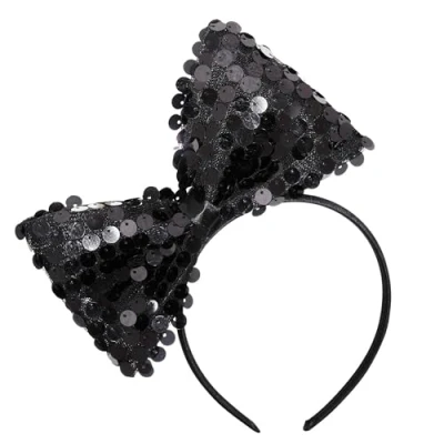 Image of WIDMANN 9317N Headband with Sequin Bow, Adult Woman, 1950s, Dancer, Disco, Carnival, Black Color