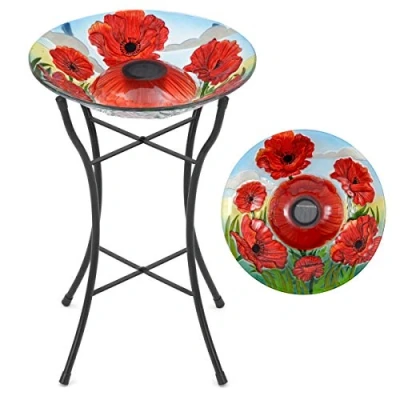 Image of CHRISTOW Glass Bird Bath Solar Light Metal Stand Painted Poppy Garden Decoration