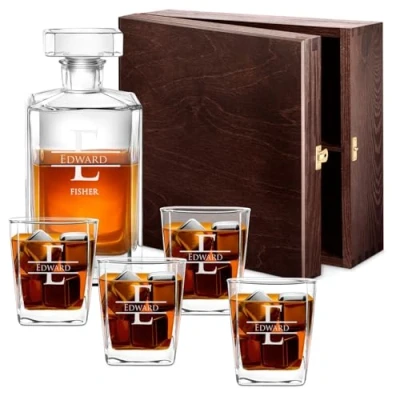 Image of Maverton Whiskey Decanter Set of 4 Glasses You can Personalise Tumblers as Gift 700 ml Universal Carafe Monogram