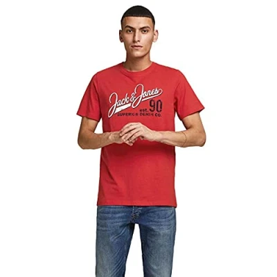 Image of JACK &amp; JONES Logo Printed Mens Slim Fit Crew Neck Short Sleeve T Shirts Casual Tee Tops True Red