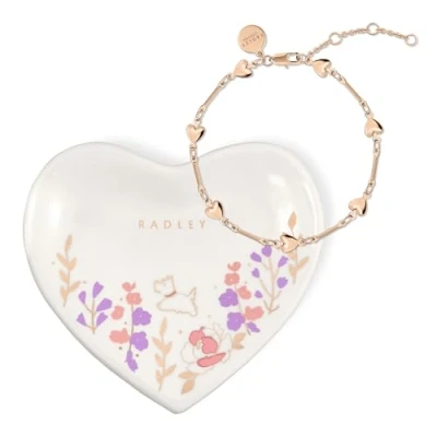 Image of RADLEY Womens 18ct Rose Gold Plated Heart Link Bracelet &amp; Trinket Tray Gift Set