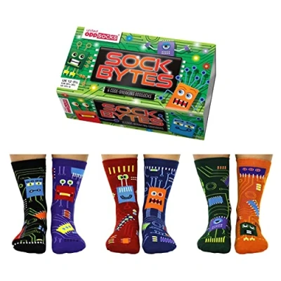Image of United Oddsocks Sock Bytes Box of 6 Odd Socks for Kids UK 12 5.5, EUR 30.5 38.5, US 13.5 8