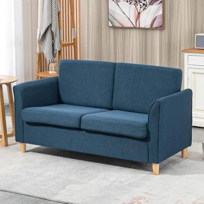 Image of HOMCOM 2 Seater Sofa, Compact Loveseat, Fabric Couch with Wood Legs and Armrest, for Living Room Home Office Blue