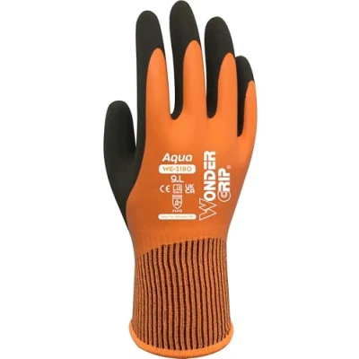 Image of Wonder Grip Aqua Orange WG 318O Work Gloves Waterproof, Water Repellent, Double Latex Coating, Non Slip for Secure in Wet and (9 / L)