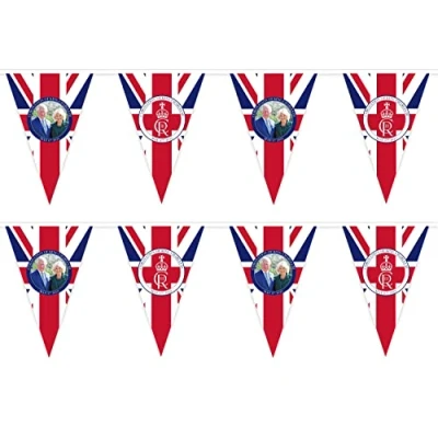 Image of 10m/33ft Bunting King Charles III with Queen Consort Portrait 24 Triangle Union Jack Flags King&#039;s Coronation Celebration Banner Royal Family UK British Street Party Decoration