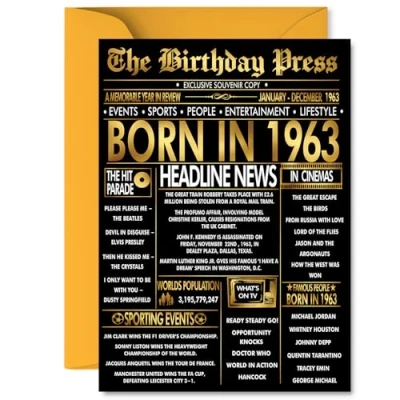 Image of Gold 62nd Birthday Card for Men Women Black &amp; Golden Newspaper Born in 1963 Happy 62 Cards Dad Uncle Grandad Neighbour Friend Nanny, 5x7 Inch Bday Greeting