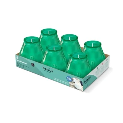 Image of Bolsius Outdoor Candles 6 Pieces in Glass Green Burning Time 70 Hours No Palm Oil Clean Cotton Wick Non Scented