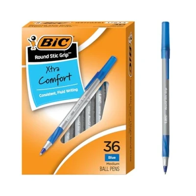Image of BIC Round Stic Grip Xtra Comfort Ball Pen, Medium Point (1.2 mm), Blue, 36 Count