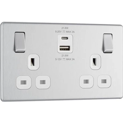 Image of BG Electrical Double Switched Power Wall Plug Socket with Fast Charge Type A and C USB Ports, Screwless, Flatplate, Brushed Steel, White Inserts, 13A, 22W, FBS22UAC22W