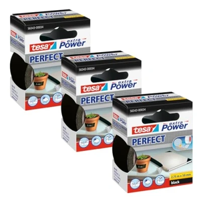 Image of tesa Extra Power Perfect Cloth Tape Fabric Reinforced Repairing for Crafting, Repairing, Fastening, Reinforcing and Labelling Black 3X 2.75 m x 38 mm