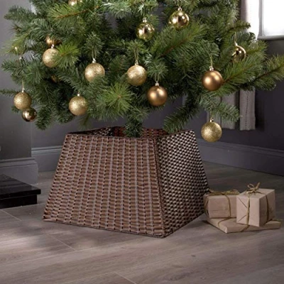 Image of Christmas Tree Skirt Dark Brown Strong Willow Rattan Xmas Festive Wicker Stand Base Basket Cover Perfect For Indoor Use Tidy Decor Folds Easy Storage