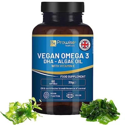 Image of Prowise Vegan Omega 3 DHA from Algae Oil 60 Softgels with Vitamin E 400mg + 10mg 100% Plant Based Supports Brain and Eye Health Pure &amp; Sustainable Sourced