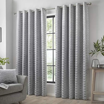 Image of Curtina Luxury Silver Curtains W66 x L72 (168 183cm) Geometric Eyelet in Jacquard &amp; Drapes for Bedroom/Living Room Leaf/Leaves