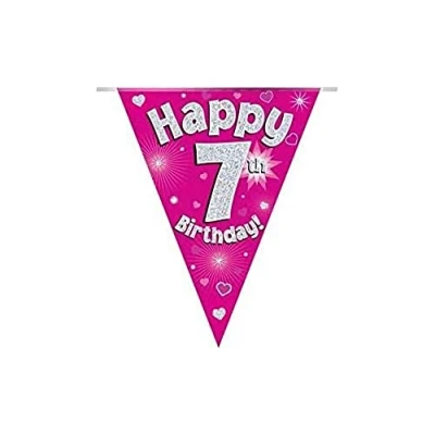 Image of Party Bunting Happy 7th Birthday Pink Holographic 11 flags 3.9m