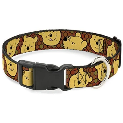 Image of Buckle Down Plastic Clip Collar Winnie the Pooh Expressions/Honeycomb Black/Browns 1&quot; Wide Fits 11 17&quot; Neck Medium