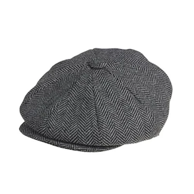 Image of PEAKY BLINDERS 8 Piece &#039;Newsboy&#039; Style Flat Cap Melton Wool Fabric Grey Herringbone