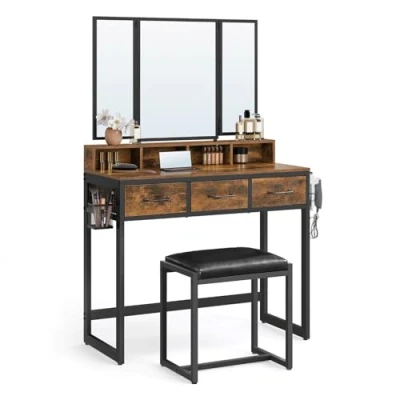 Image of VASAGLE Dressing Table with Mirror and Stool, Vanity Tri Fold Mirror, 3 Drawers, Hair Dryer Holder, Makeup Desk, Industrial Style, Rustic Brown Black RVT004B01