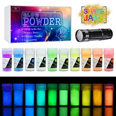 Image of 10 Colour Glow in The Dark Pigment Powder with UV Lamp Epoxy Resin Luminous Skin Safe Long Lasting Self Glowing Dye for DIY Nail Art,Acrylic Paint,Fine Art, 20g Each(Total 7oz)