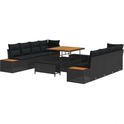 Image of vidaXL 11 Piece Garden Sofa Set with Cushions Black Poly Rattan Acacia