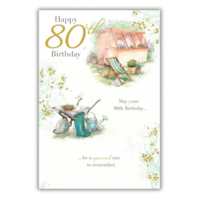 Image of Words and Wishes 80th Birthday Greeting Card Happy Artistic design Garden Shed Tools Foil Finish