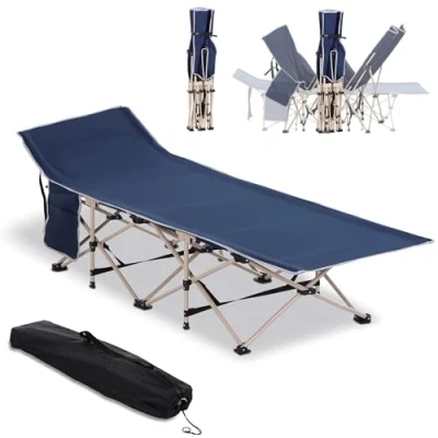 Image of Outsunny Single Person Camping Bed Folding Cot Outdoor Patio Portable Military Sleeping Travel Guest Leisure Fishing with Side Pocket and Carry Bag Blue