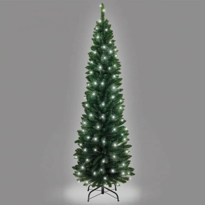 Image of SHATCHI 4Ft 8Ft Pre Lit Artificial Slim Christmas Pencil Tree Holiday Home Decorations, Pointed Tips, Warm Multicolour LEDs and Metal Stand, Green W/Cool White, 6Ft