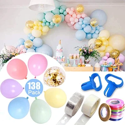 Image of 138Pcs Pastel Balloon Arch Kit, 50 x 5&quot; Balloons + 10&quot; 25x 12&quot; 8x Gold Confetti 5m Strip Macaron Tying Tools Dot Glue 10m Ribbon