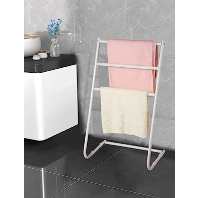 Image of 3 Tier Towel Rack Holder White Rails Free Standing Toilet Roll Drying Stand Stands Metal Scarf Coat Shelf