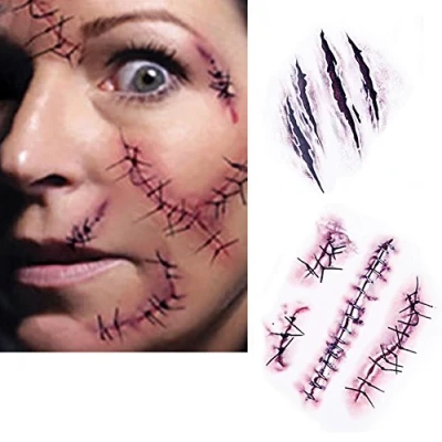 Image of SA Halloween zombie scar tattoos with fake scabs and blood, costume makeup stickers