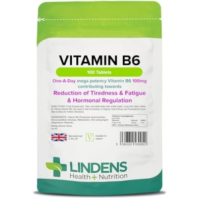Image of Lindens Vitamin B6 100mg Tablets 100 Pack Ultra Potent 7000% Nrv Contributes to Healthy Metabolism, Reduction of Tiredness, Normal Immune &amp; Nervous System Function UK Made, Letterbox Friendly