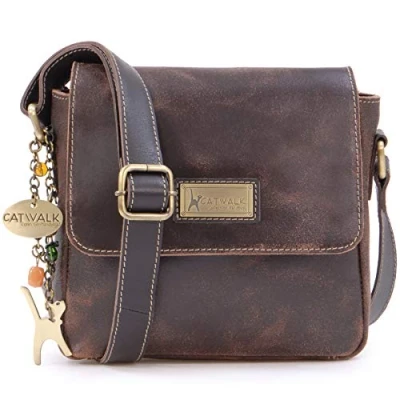 Image of Catwalk Collection Handbags Ladies Small Distressed Leather Cross Body Bag Women&#039;s Messenger Adjustable Crossbody Strap SABINE S Brown