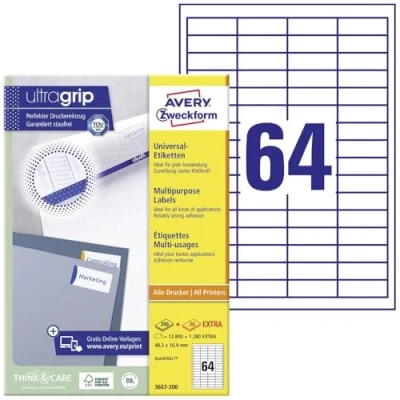Image of Avery Zweckform 3667 200 Universal Labels 48.5x16.9 mm White for Inkjet Laser Copy