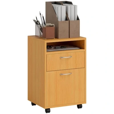 Image of HOMCOM 60cm Filing Cabinet with Drawer, Open Shelf, Metal Handles and 4 Wheels, Office Home Organiser Mobile Printer, Natural Wood Finish