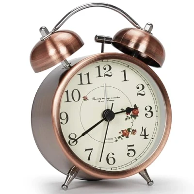 Image of Larkumio Retro Bell Loud Alarm Clock for Heavy Sleepers Clocks Bedside Battery Powered, Silent Non Ticking Old Fashioned with Night Light Bedroom, Flower 3&quot;