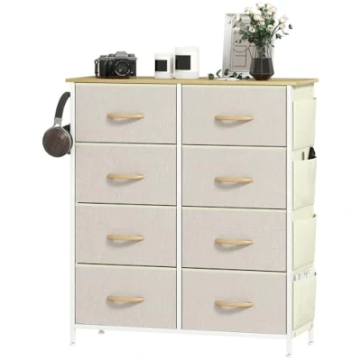 Image of HOMCOM Chest of Drawers, Double Dresser for Bedroom with 8 Fabric Tall Storage Unit 4 Pockets, 2 Hooks and Steel Frame Living Room, Hallway, Beige